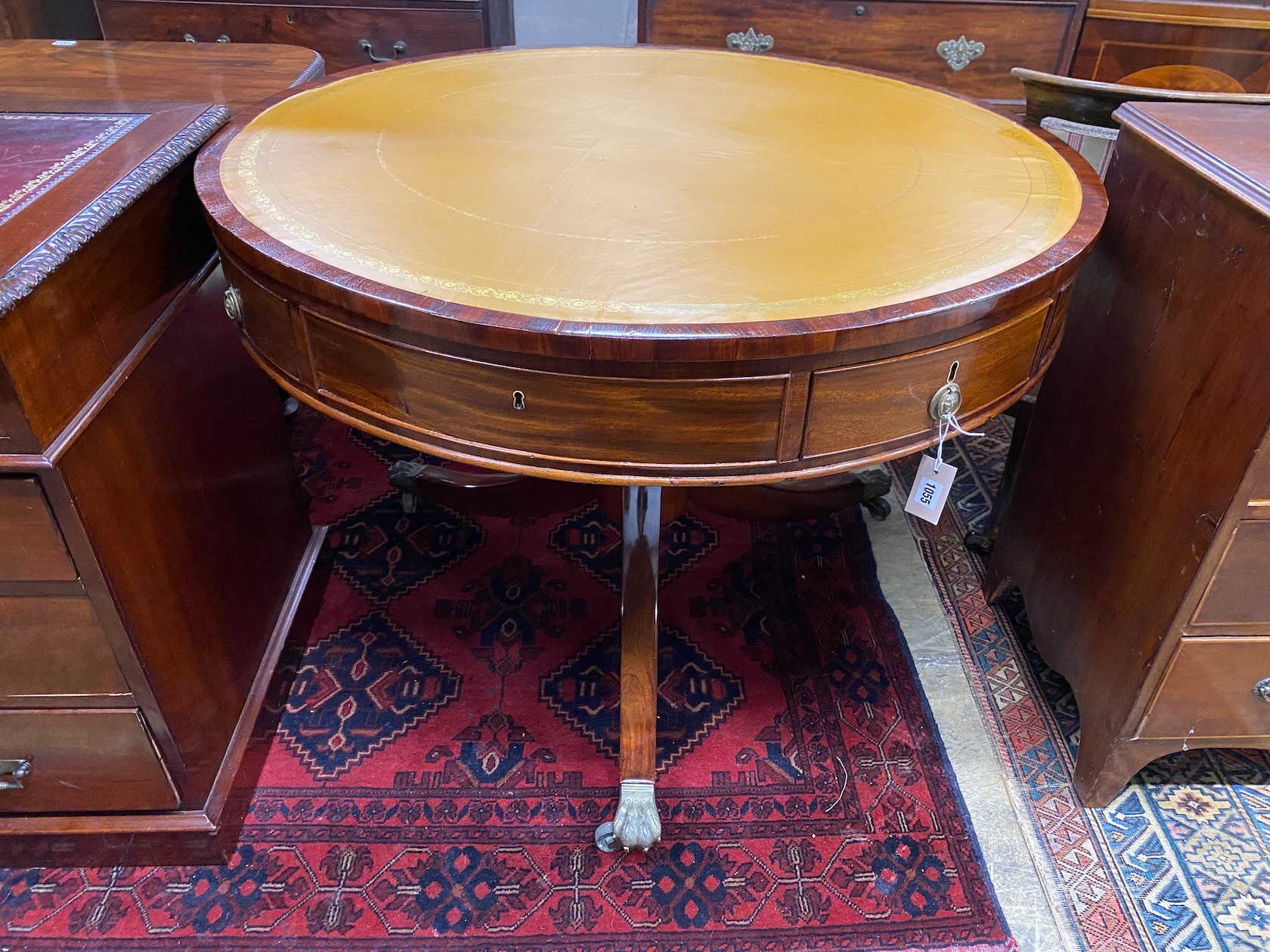 A Regency and later circular mahogany drum table, diameter 106cm, height 75cm